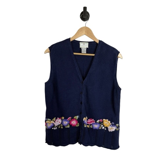 VINTAGE 90s Susan Bristol Hand Embroidered Floral Sweater Vest Navy Multi M - Picture 3 of 10